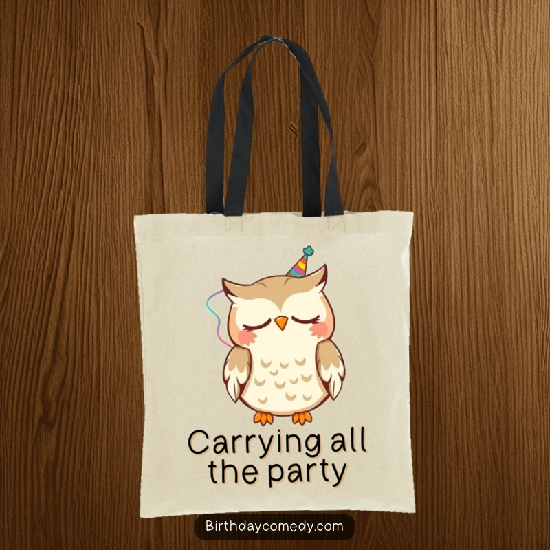 Funny Tote Bag featuring a sleepy owl wearing a party streamer, happily nodding, perfect for carrying party supplies or essentials.