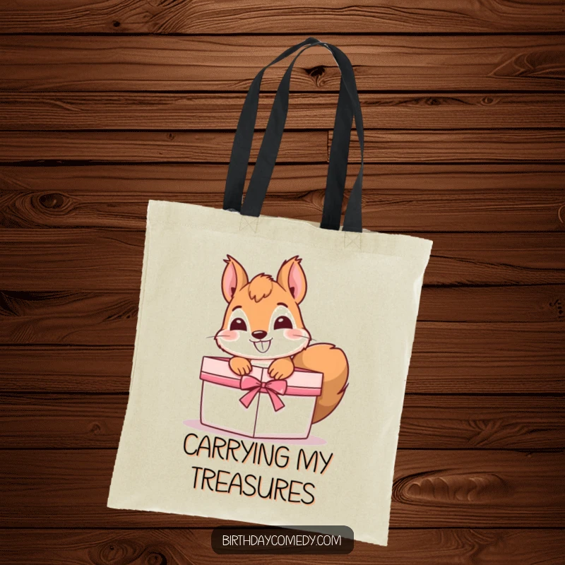 Funny Tote Bag featuring a curious squirrel with a grin, peeking out of a gift box, perfect for carrying treasures.