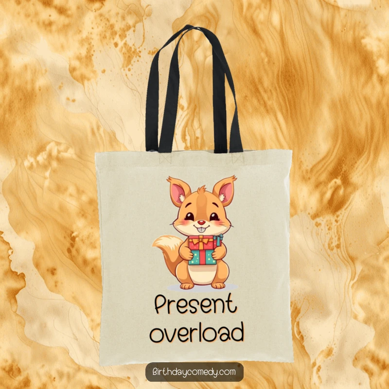 Funny tote bag depicting a delighted squirrel with a wide grin, balancing a large stack of gift boxes.