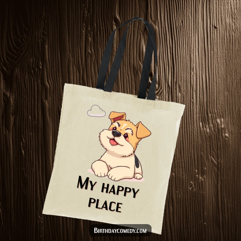 Funny terrier tote bag featuring a content dog resting its head, gazing wistfully at a distant cloud, symbolizing peaceful contemplation.