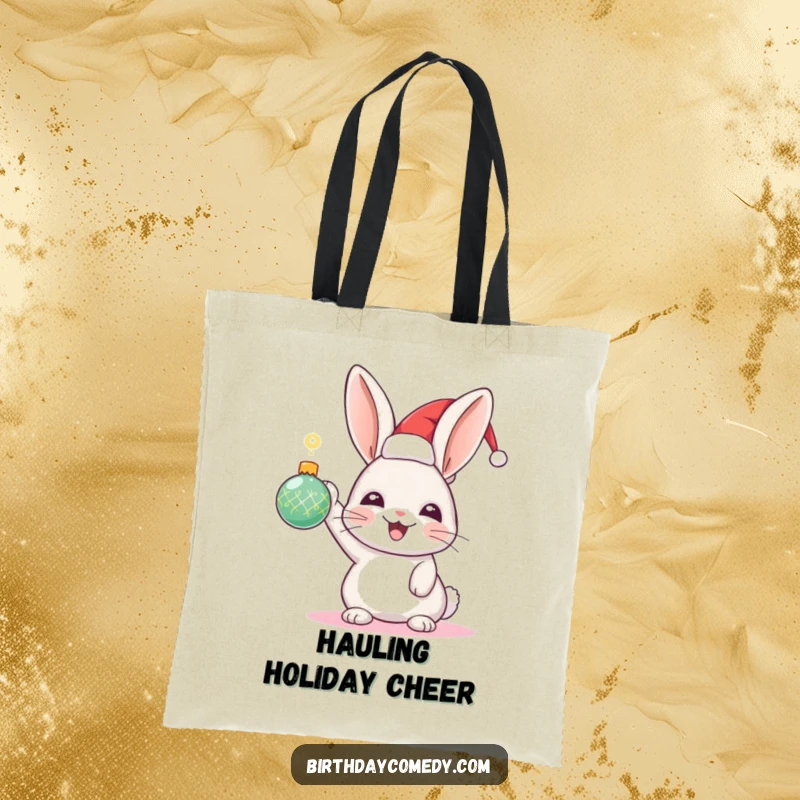Funny Rabbit Holiday Tote Bag: A joyful rabbit in a festive hat proudly holds a sparkling ornament, a stylish holiday accessory.
