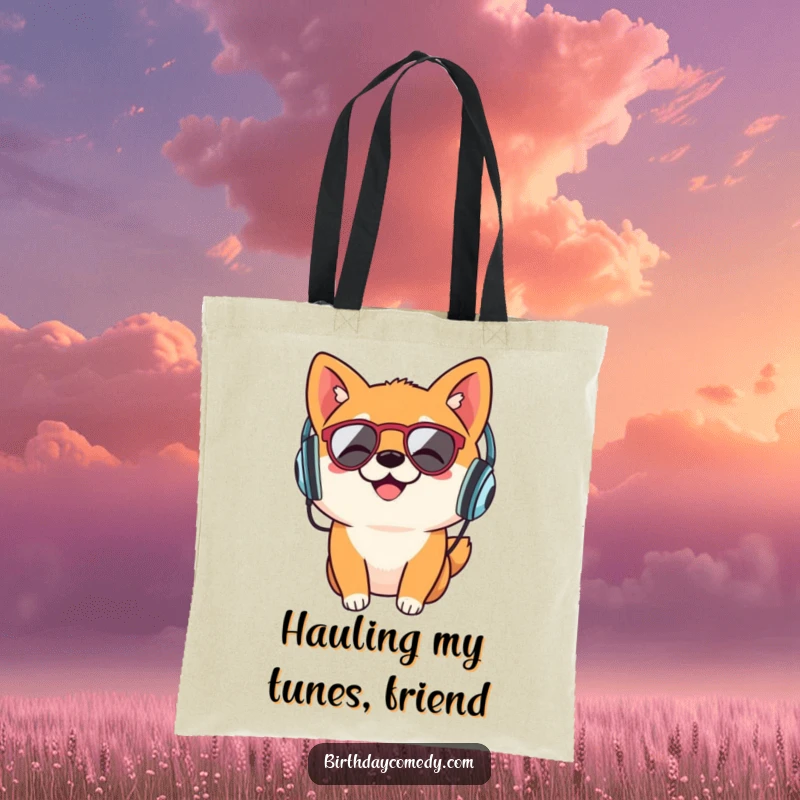 Funny Shiba Inu tote bag, retro headphones, music loving dog, stylish shopping bag, canine accessory.