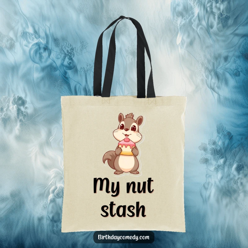 Funny squirrel tote bag, holding cake slice, looking up expectantly, practical and charming, excellent funny gift.