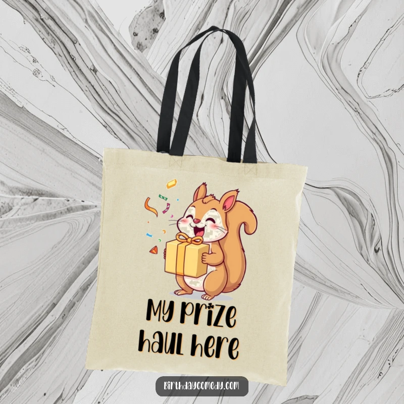 Funny squirrel tote bag depicting an excited squirrel holding a gift box with streamers flying, perfect for everyday use.