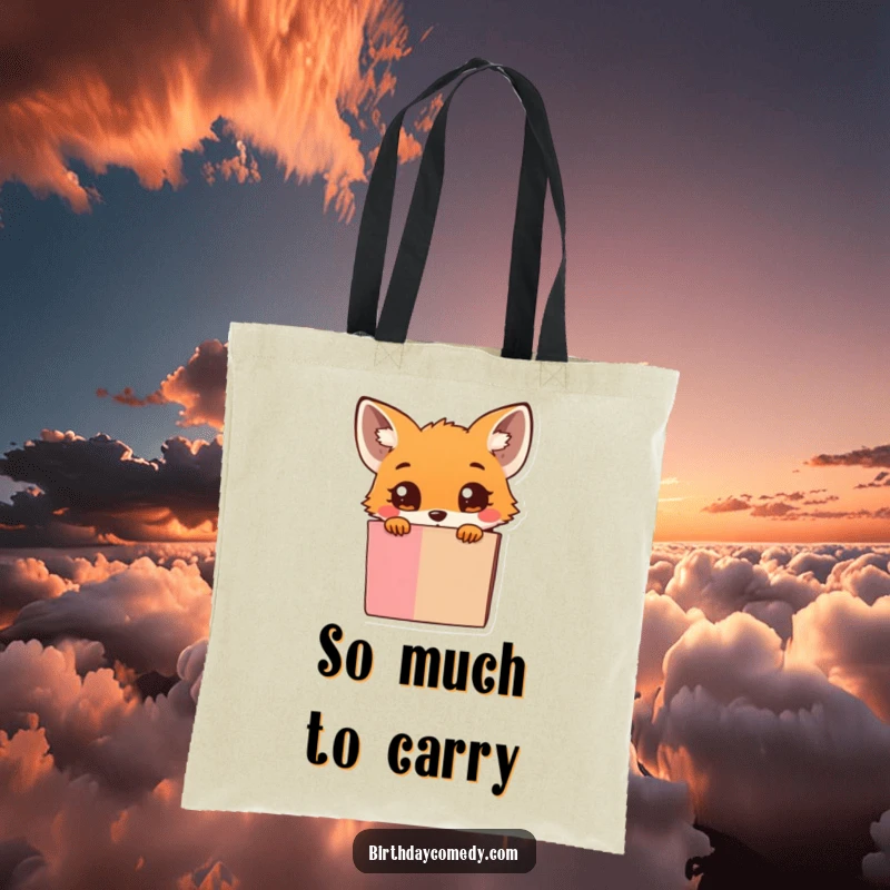 Funny Tote Bag: Tiny curious fox peeking from a giant, overflowing gift box, perfect for carrying treasures.